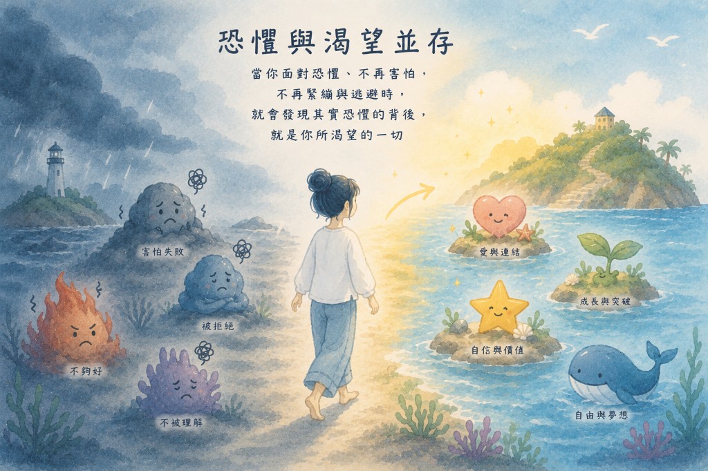 從害怕失敗走向愛與連結:恐懼與渴望並存的自由潛水心理旅程插畫